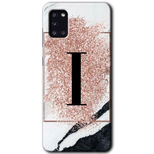 MRCİLETİSİM Samsung Galaxy A31 Kılıf HD Desen Baskılı Arka Kapak + Temperli Cam - Pembe Mermer Desenli I Harfi