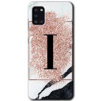 MRCİLETİSİM Samsung Galaxy A31 Kılıf HD Desen Baskılı Arka Kapak + Temperli Cam - Pembe Mermer Desenli I Harfi