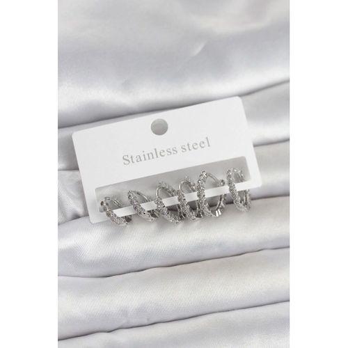 316L Çelik Gümüş Renk Zirkon Taşlı Halka Model Kadın Küpe Seti