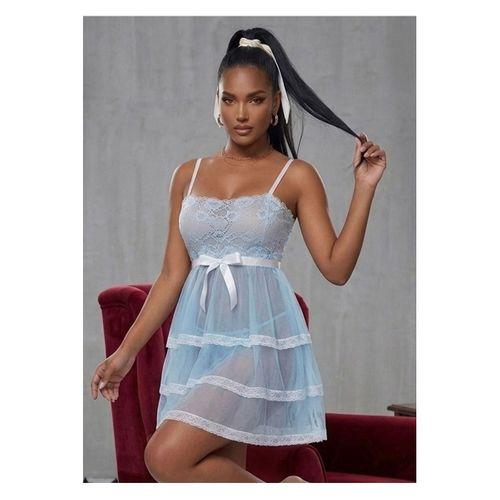 Açık Mavi Beyaz Dantelli Gecelik - 686