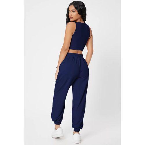 Kadın Lacivert Kaşkorse Cepli Jogger Eşofman Altı Ve Crop Top Bluz