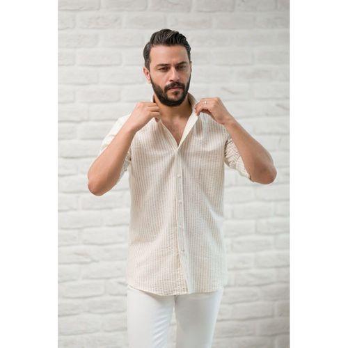 Slimfit Fit Yaka Düğmeli Çizgili Yazlık Gofre Kumaş Erkek Gömlek