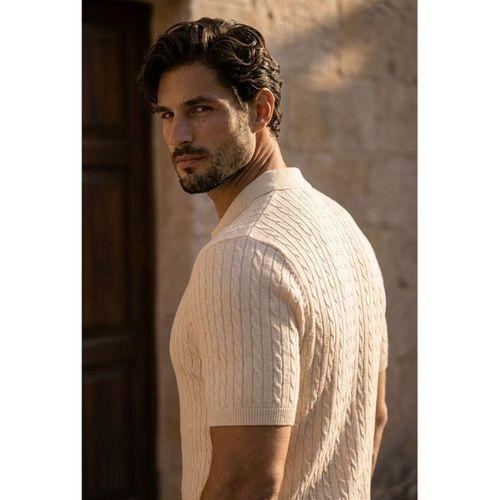 Burke Saç Örgü Yarım Fermuarlı Kısa Kollu İnce Triko Erkek T-Shirt - Bej