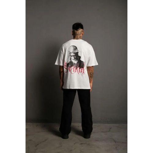 Erkek Oversize Tişört – Beyaz 24/1 Penye Kumaş, Bisiklet Yaka, Ön - Arka Baskılı, Streetwear Tarzı Rahat Büyük Kalıp T-Shirt- Beyaz