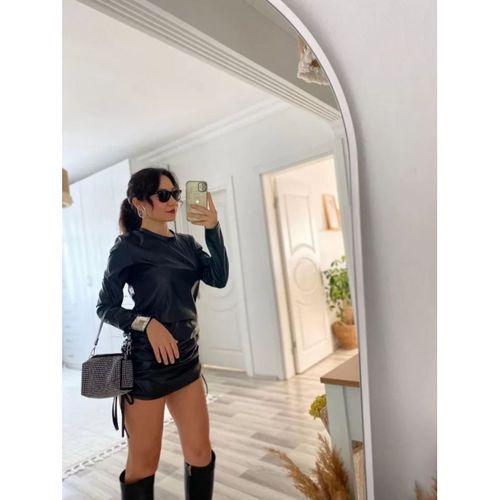 Pilelistore Kadın Uzun Kollu Bisiklet Yaka Yandan Büzgülü Kısa Deri Elbise