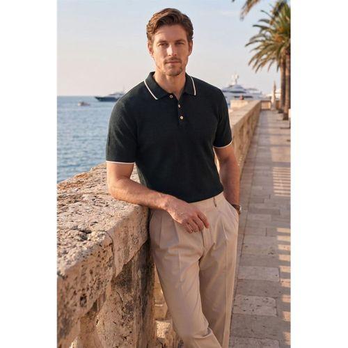 Balzac Yakası Şeritli Düğmeli Polo Yaka Basic Günlük Petek Örgü Triko Erkek T-Shirt - Siyah