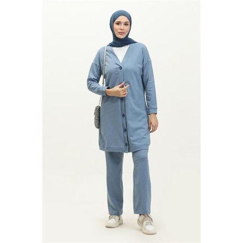Düğmeli V Yakalı Sade Basic Eşofman Spor İkili Takım - 03051.004 - Mavi