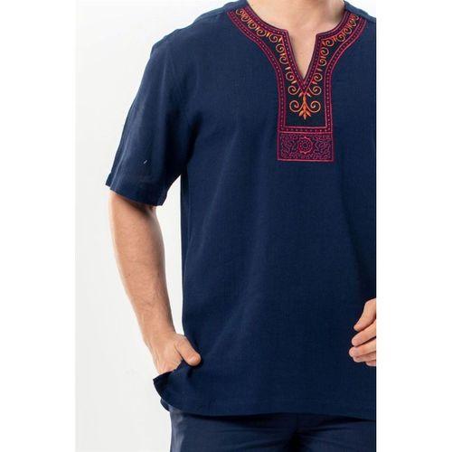 Kısa Kol Şile Bezi Bisiklet Yaka Etnik Erkek Yazlık T-shirt Lacivert Lcvt