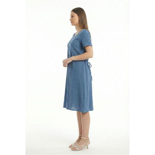 Kısa Kol Lidya Bisiklet Yaka Nakışlı Yazlık Kısa Müslin Elbise İndigo indg