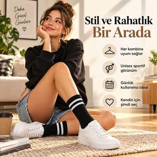 Siyah Çorap Beyaz Çizgili 3'lü Set Unisex Uzun Soket Günlük Spor Rahat Kolej Stil Çorap Seti