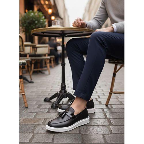 BA0005 Bağcıksız Yüksek Taban Klasik Püsküllü Corcik Erkek Ayakkabı Siyah Beyaz