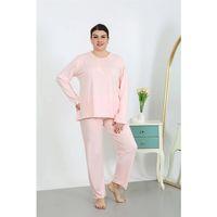 Kadın Büyük Beden Uzun Kol Penye Pijama Takımı Pembe