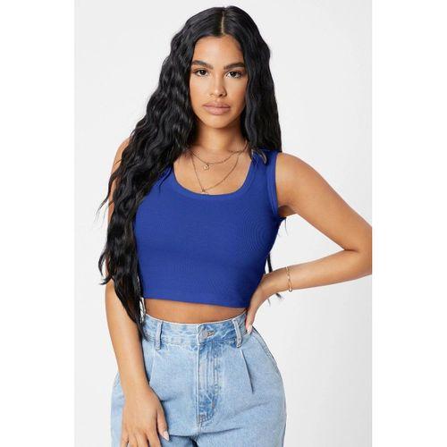 Kadın Lacivert Kare Yaka Crop Top Bluz