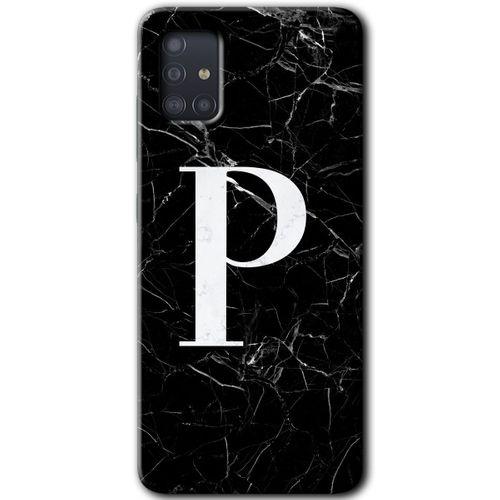 Potkal Hediye Fabrikası Samsung Galaxy A51 Kılıf HD Desen Baskılı Arka Kapak - Siyah Mermer Desenli P Harfi