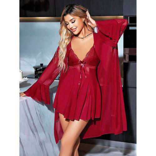 Özel Tasarım Dantel İşlemeli Göğüs Dekolteli Sabahlıklı Bordo 2'li Tül Gecelik Takımı