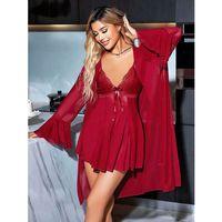 Özel Tasarım Dantel İşlemeli Göğüs Dekolteli Sabahlıklı Bordo 2'li Tül Gecelik Takımı