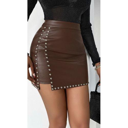 Kadın Yüksek Belli Yandan çivili Mini Deri Etek