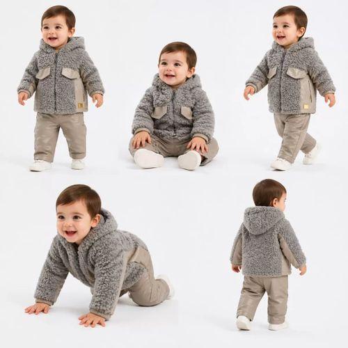 6/24 Ay Deri Detaylı Ceketli Kuzu Bebek Takımı