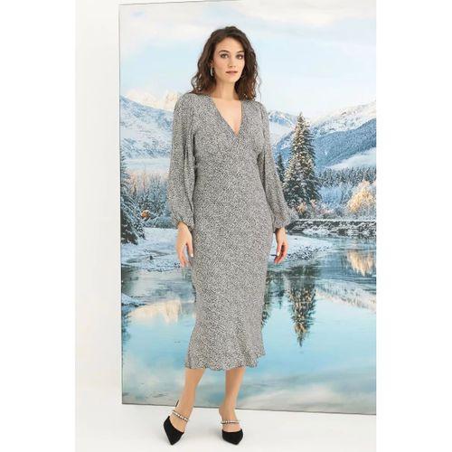 %100 Viskon Desenli Uzun Kollu Saten Elbise