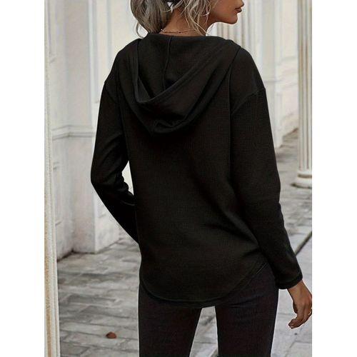 Kadın Uzun Kollu V Yakalı Kapşonlu Waffle Bluz