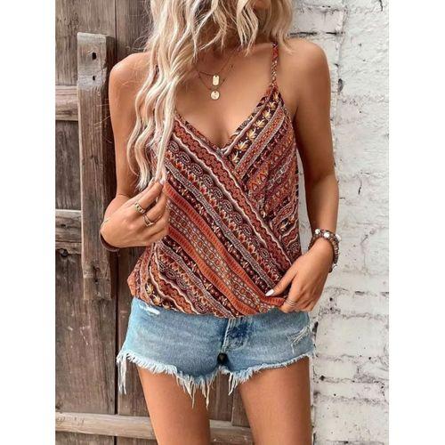 Kadın Ip Askılı V Yakalı Desenli Süprem Bluz