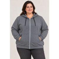 Battal Büyük Beden Üç İplik İçi Şardonlu Kapüşonlu Tam Fermuarlı Kışlık Sweatshirt - Füme