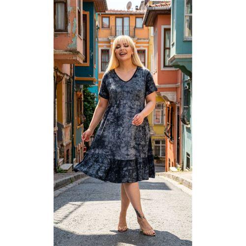 Melsay Butik Göğüsten Robalı V Yaka Kısa Kollu Antrasit Batik Yıkama Cepli Elbise