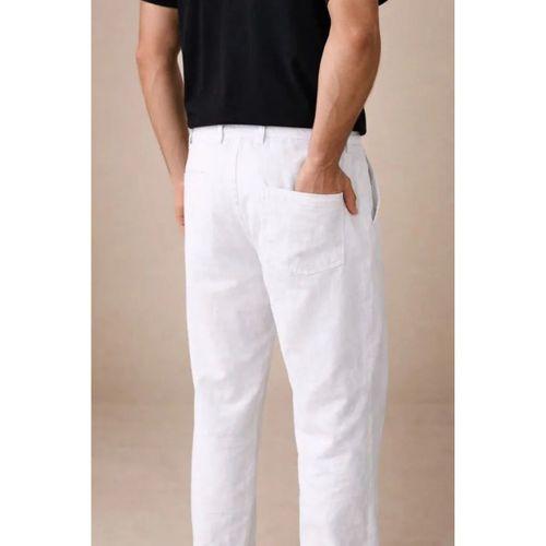 Erkek Keten Cepli Pantolon Lastikli Bel Bağcıklı Önden Fermuarlı - Beyaz