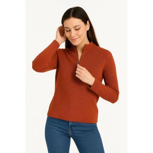 KADIN Yarım Fermuarlı Triko Kazak – Selanik Örgü, Dik Yaka, Pamuklu Dokuma, Oversize Uzun Kollu Kışlık Model - Kiremit