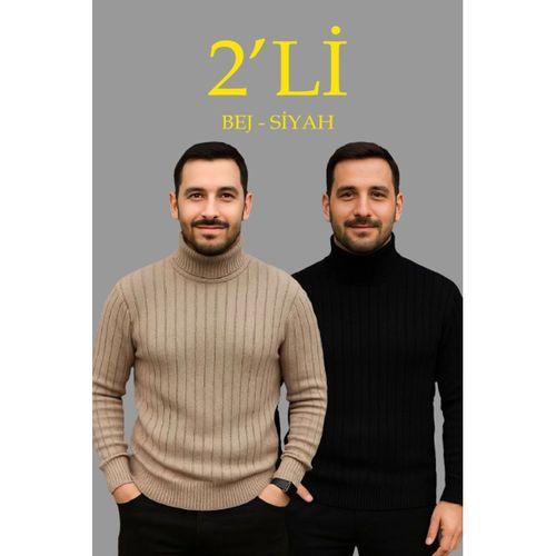 Erkek Fitilli Triko Kazak 2li Set Bej Siyah Regular Balıkcı Yaka Tam Boğazlı Triko Seti Modeli Kazak
