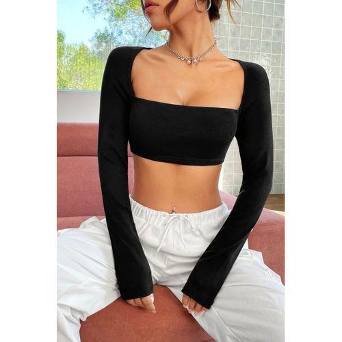 Kadın Siyah Modern Fit Uzun Kol Göğüs Ve Sırt Dekolteli Crop Top Bluz