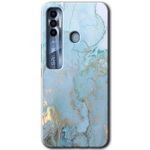 Tecno Spark 7 Pro Kılıf HD Desen Baskılı Arka Kapak - Mavi Gold Mermer + Kırılmaz Cam