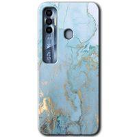 Tecno Spark 7 Pro Kılıf HD Desen Baskılı Arka Kapak - Mavi Gold Mermer + Kırılmaz Cam