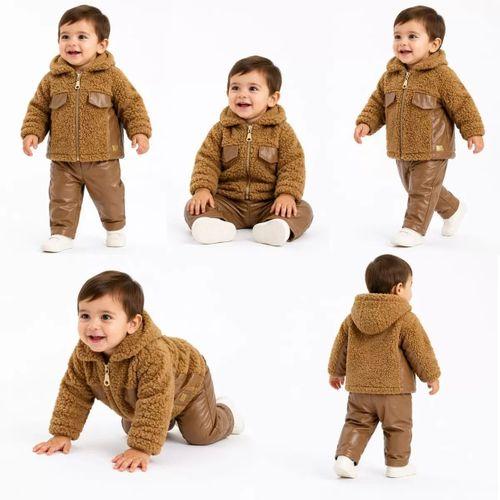 6/24 Ay Deri Detaylı Ceketli Kuzu Bebek Takımı