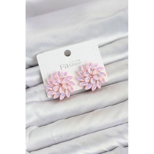 Pembe Renk Kristal Taşlı Çiçek Model Kadın Küpe
