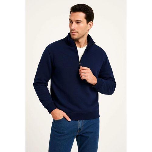 Erkek Dik Yaka Sweatshirt Dik Yaka Yarım Fermuarlı 3 İplik Şardonlu Pamuk Kumaş - Lacivert