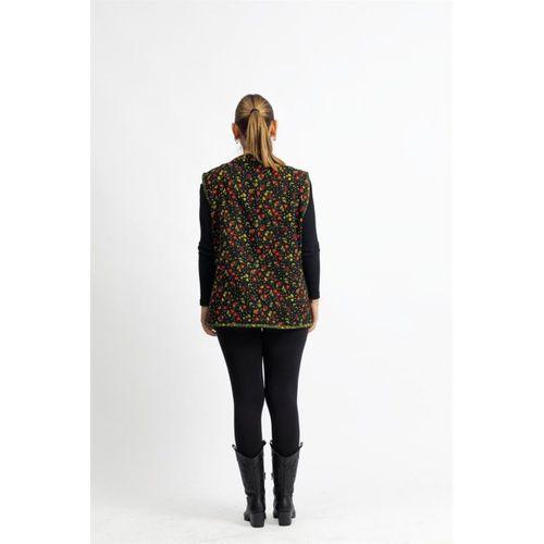 Kolsuz Meryem Çift Taraflı Cepli Pazen Kışlık Yelek Çiçek Siyah/Bordo ÇiçekSyh