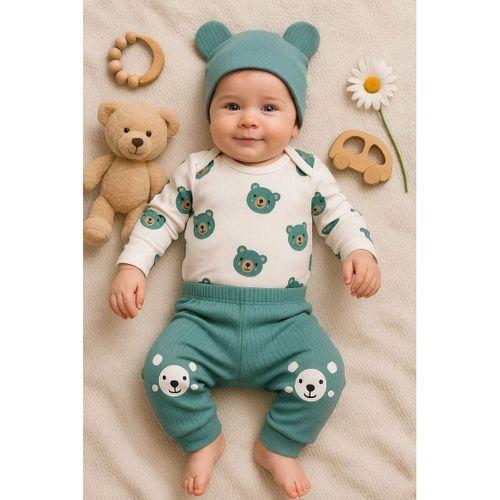 Kulaklı Ayıcık % 100 Pamuk 3'lü Erkek Bebek Takım