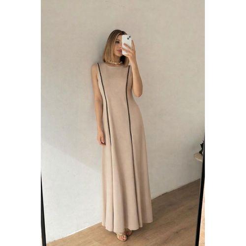 Kadın Bisiklet Yaka Kolsuz şerit Ve Plise Detay Maxi Boy Elbise
