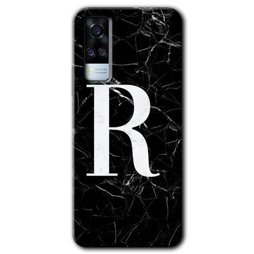 Vivo Y51 Kılıf HD Desen Baskılı Arka Kapak - Siyah Mermer Desenli R Harfi