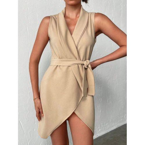 Kruvaze Yaka Kuşaklı Krep Kumaş Elbise