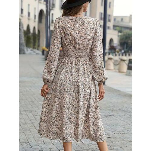 Kadın Uzun Kollu Kruvaze Yaka Beli Lastikli Kiloş Desenli Midi Süprem Elbise