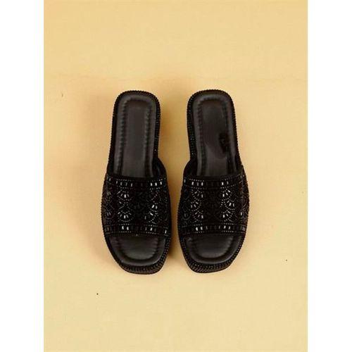 LUXLORA Işıltılı Taş Detaylı Siyah Kadın Platform Terlik