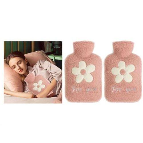 2 Adet Sıcak Su Torbası Peluş Papatya Desenli Pembe  21X13,5X2Cm 500 Ml