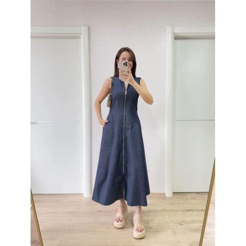 Jeans Kot Önü Tam Fermuarlı Uzun Elbise - Mavi