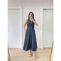 Jeans Kot Önü Tam Fermuarlı Uzun Elbise - Mavi