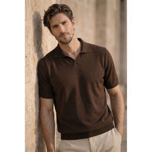 Dawson Polo V Yaka Düğmesiz Kısa Kollu Tok Kumaş Triko Erkek T-Shirt - Kahve