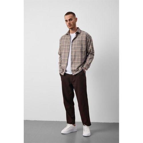 Carol Relaxed Fit Pamuklu Çizgili Flanel Erkek Gömlek - Bej