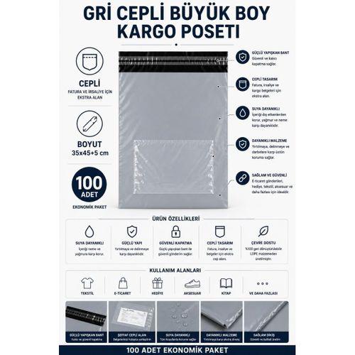 Gri Cepli Büyük Boy Kargo Poşeti 35x45+5 Cm 100 Adet