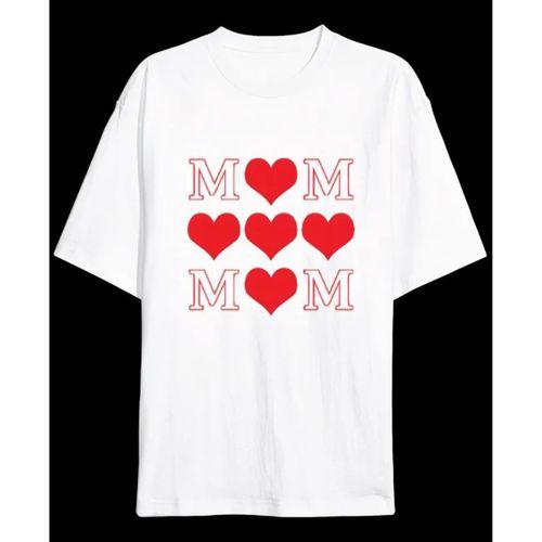 Anneler Günü Hediye MOM Kalp Baskılı Oversize Bisiklet Yaka T-shirt - Beyaz
